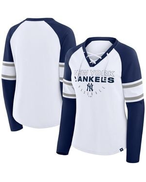 Fanatics White/navy New York Yankees Blitz Package Raglan Lace-up V-neck Long Sleeve T-shirt - Blue