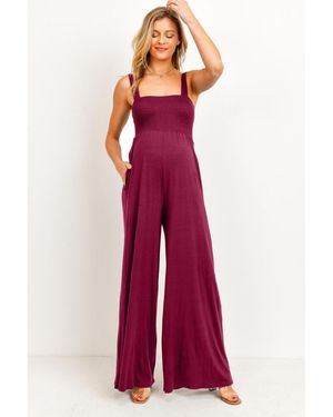 Hello Miss Maternity Sleeveless Smocked Bodice Wide-leg Jumpsuit - Red