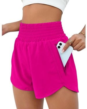 FURLING High Waisted Athletic Shorts Quick Dry Zipper Pocket Double Layer - Pink