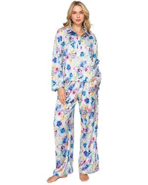 Badgley Mischka Floral Silky Satin Long Sleeve And Wide Leg Pajama Set - Blue