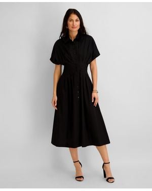 Kensie Button-front Cinched Waist Cotton Midi Shirt Dress - Black