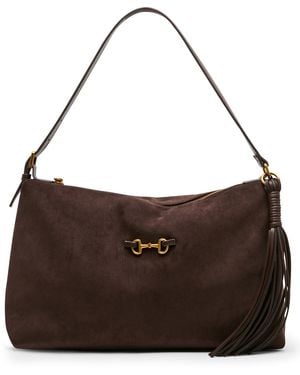 Anne Klein Faux Suede Large Horse Bit Shoulder Handbag - Brown