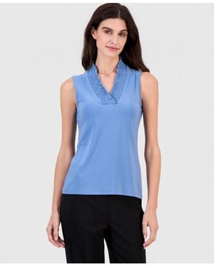 Anne Klein Sleeveless Smocked V-neck Top - Blue