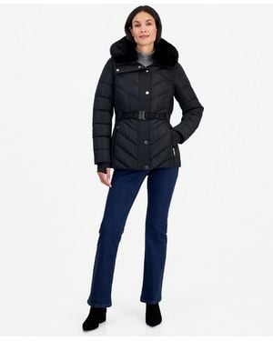 Michael Kors Belted Hooded Faux Fur Collar Puffer Coat - Blue