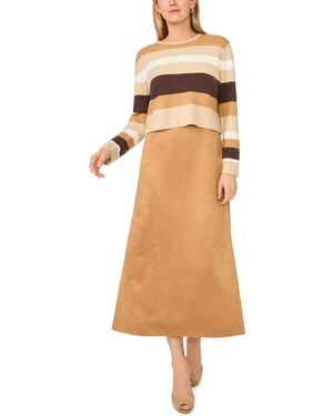 Msk Long-sleeve A-line Midi Striped Faux Suede Dress And Sweater - Natural