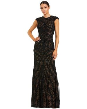 Mac Duggal Petite Beaded Lace Mesh High-neck Sleeveless Column Gown - Black