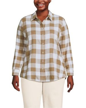 Lands' End Plus Size Flannel Boyfriend Long Sleeve Shirt - White