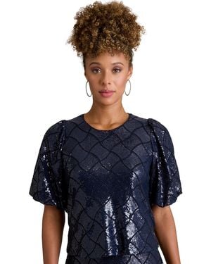 Muse Jewel Neck Bubble Sleeve Top - Blue