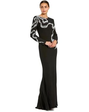 Mac Duggal Petite Jersey Long Sleeve Beaded Column Gown - Black