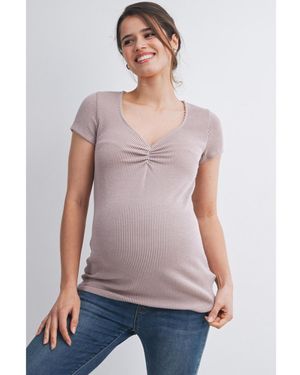 Hello Miss Maternity Ribbed Sweetheart Neck Short-sleeve Top - Gray