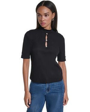 KARL LAGERFELD Mock Neck Short-sleeve Keyhole Blouse - Blue