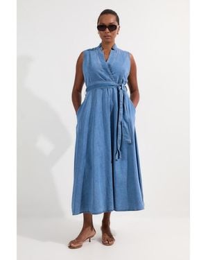 Karen Millen Belted Denim Midi Dress - Blue