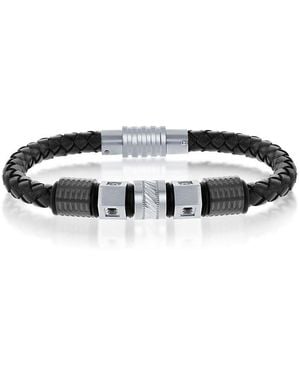 Metallo Stainless Steel Two-tone W/ Black Cz Genuine Leather Bracelet