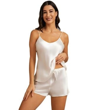 SILKSILKY Silk Spaghetti Strap Camisole Pajama Set - White