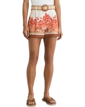 Reiss Linen Floral-print Belted Shorts - Orange
