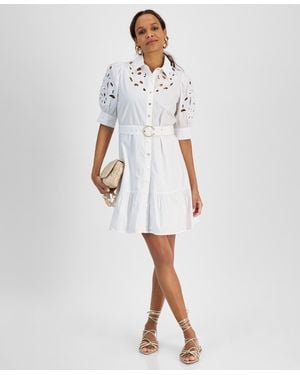 INC International Concepts Petite Belted Eyelet Mini Dress - White