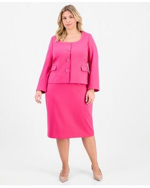 Le Suit Plus Size Square-neck Button-front Ponte 2 Piece Skirt Suit - Pink