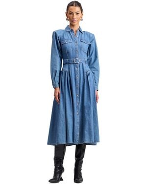 Avec Les Filles Strong Shoulder Belted Denim Midi Shirt Dress - Blue