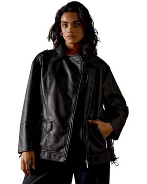 Warehouse Oversized Whipstitch Leather Look Jacket - Black