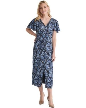 Jones New York Printed Shirred Flutter-sleeve Midi Dress - Blue