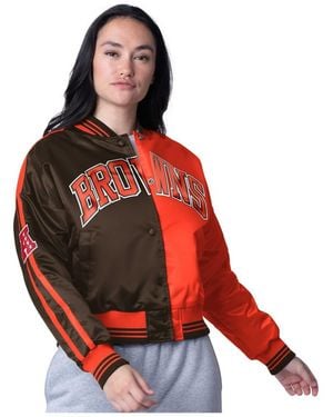 Starter Brown/orange Cleveland Browns Zone Blitz Cropped Full-snap Satin Jacket - Red