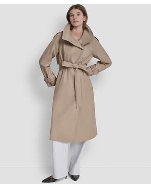 DKNY Belted Funnel Collar Long Trench Coat - Natural