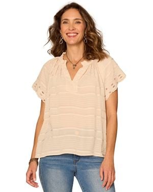 Democracy Petite Embroidered V-neck Woven Top - Blue