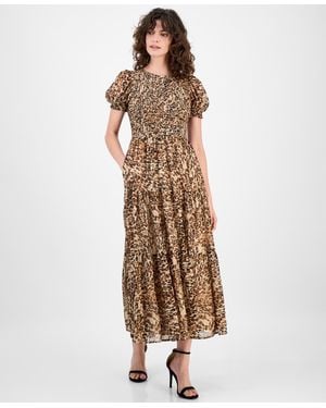 Anne Klein Printed Smocked Puff Sleeve Chiffon Tiered Maxi Dress P Xxs Xxl - Brown