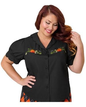 Smak Parlour Plus Size Embriodered Puff Sleeve Top - Black