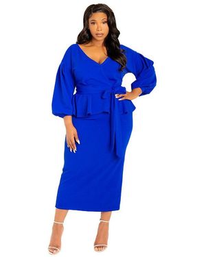 Buxom Couture Plus Size Off Shoulder Peplum Midi Dress - Blue