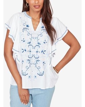 Ruby Rd. Petite Feather-light Embroidered Flutter-sleeve T-shirt - White