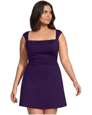 Lands' End New Smoothing Square Neck Ruched Swim Dress Swimsuit - Purple
