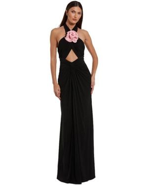 Mac Duggal Jersey Crossover Halter Neck Gown With 3d Flower - Black