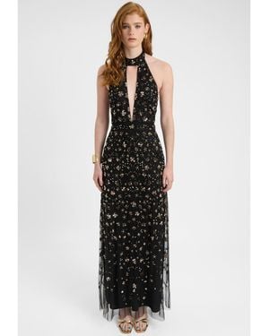 Beauut Embellished Sequin Beaded Maxi Dress With Choker-style Collar - Black