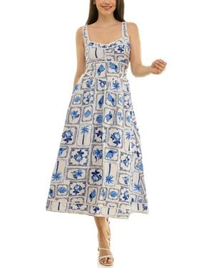 Planet Gold V-neck Printed Midi Dress - Blue