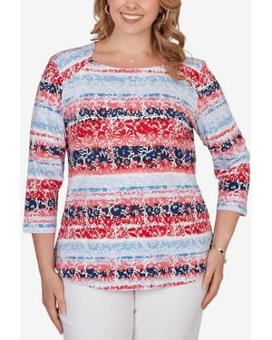 Ruby Rd. Plus Size Painted Floral Stripe Knit Top - Red