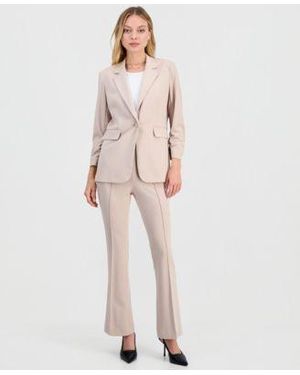 BarIII Crepe One Button Scrunched Sleeve Jacket Crepe High Rise Flared Leg Pants Macys Exclusive - Natural