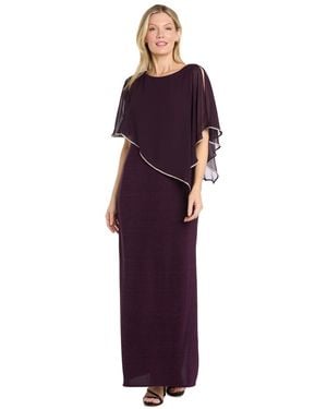 R & M Richards Petite Scoop Neck Rhinestone Poncho Gown - Purple