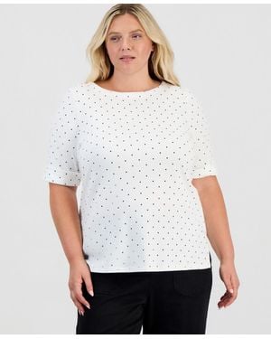 Style & Co. Plus Printed Boat-neck Elbow Sleeve Top - White
