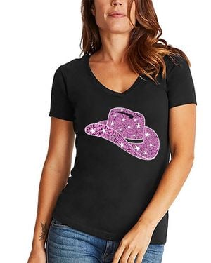LA Pop Art Word Art Cowgirl Hat V-neck T-shirt - Black