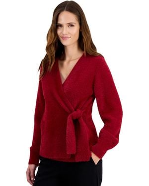Anne Klein Petite Eyelash Faux-wrap V-neck Long-sleeve Sweater - Red