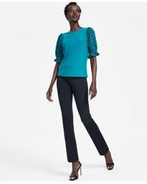 Cece Mixed Media Puff Sleeve Top Slim Leg Bootcut Pants - Blue