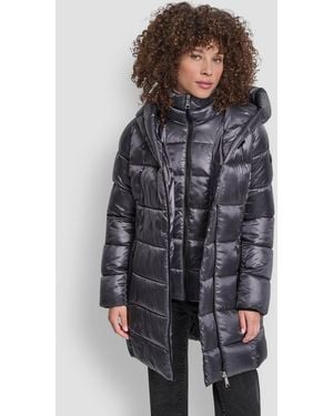 DKNY Bibbed Shawl-collar Packable Shine Puffer Coat - Gray