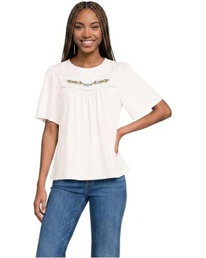 Lands' End Elbow-sleeve Slub Jersey Embroidered Pintuck Blouse - White
