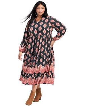 Avenue Bordered Print Blouson Sleeve Dress