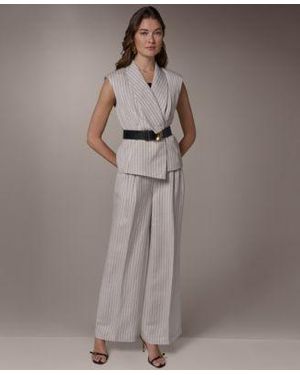 Donna Karan Sleeveless Pinstripe Belted Vest High Waist Wide Leg Pants - Gray