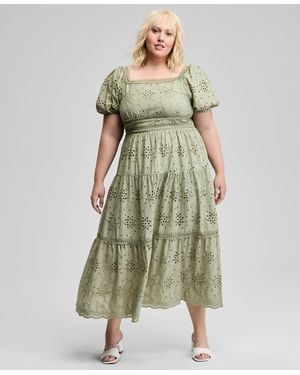 And Now This Trendy Plus Size Eyelet Embroidered Cotton Puff-sleeve Maxi Dress - Green