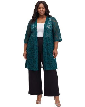 24seven Comfort Apparel Plus Size Floral Lace Open-front Jacket - Blue