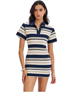 Miss Circle Whitley Navy And Ivory Pique Cotton Striped Collared Mini Dress - Blue