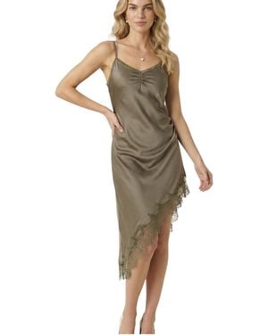 Modenaire Asymmetric Satin Lace-trim Slip Dress - Green